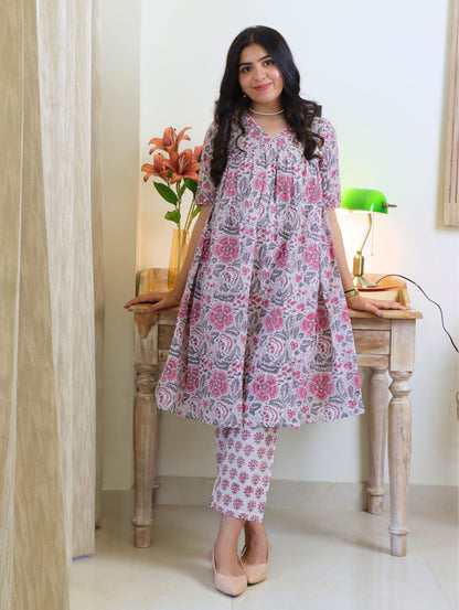 Pink and Gray Hibiscus Gathered A-Line Kurta Set