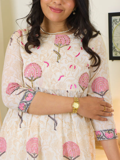Peonies and Lotus Gathered Fit and Flare Kurta Set with Side Slits