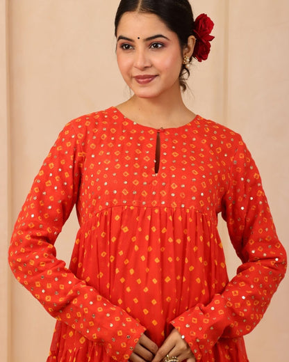 Hiteshwari - Orange Bandhani Hand Embroidered Tiered Anarkali Mulmul Suit - Set of 3