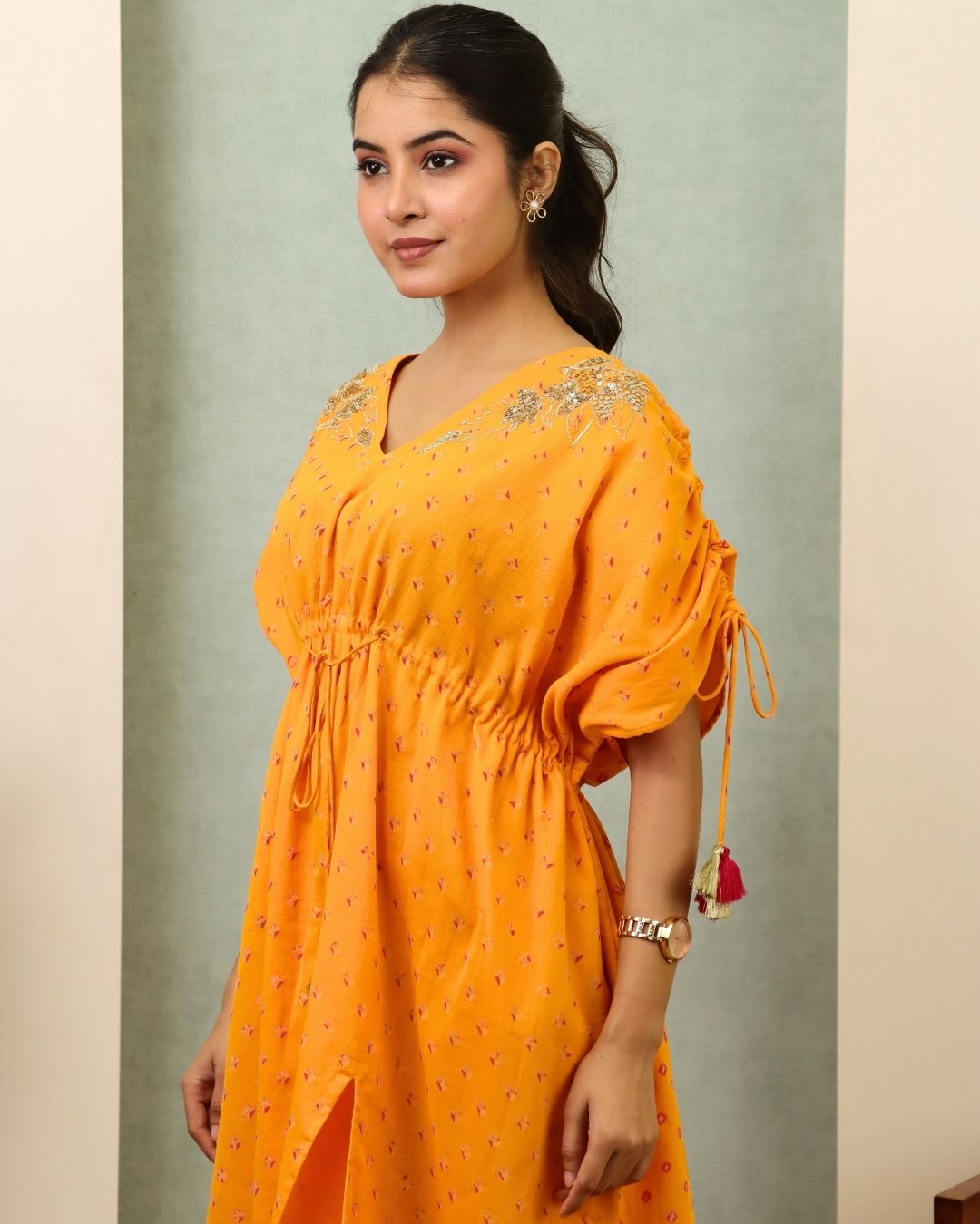 Jyotsana - Yellow Bandhani Hand Embroidered Kaftan Co-ord - Set of 2
