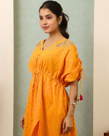 Jyotsana - Yellow Bandhani Hand Embroidered Kaftan Co-ord - Set of 2