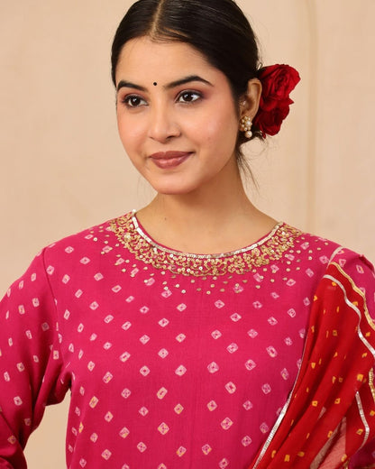Ruhani - Red & Pink Bandhani Hand Embroidered Anarkali Mulmul Suit - Set of 3
