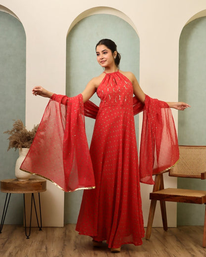 Tejeshwari - Peach Bandhani Hand Embroidered Indo-western Anarkali Mulmul Suit - Set of 3