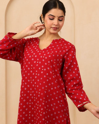 Mehira - Red Bandhani Hand Embroidered Straight Kurta Mulmul Suit - Set of 3