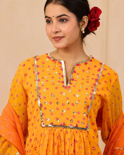 Vindeshwari - Tri-color Bandhani Hand Embroidered A-line Gathered Mulmul Suit - Set of 3