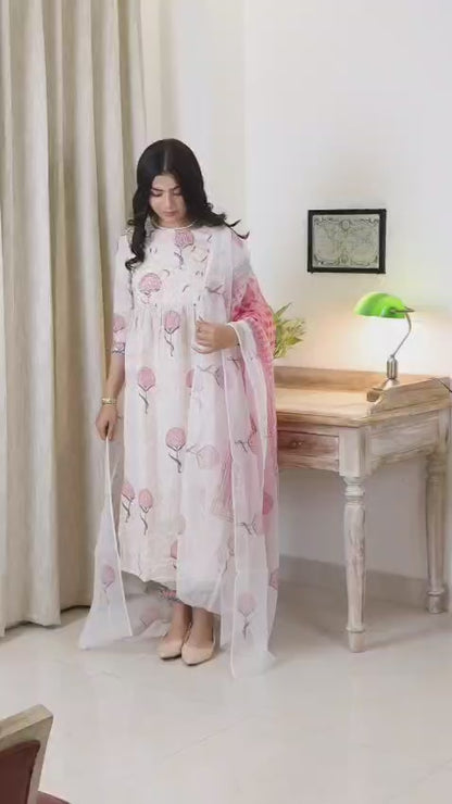 Peonies and Lotus Gathered Fit and Flare Kurta Set with Side Slits